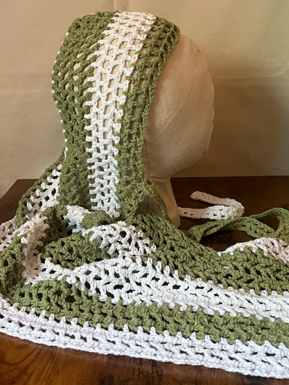 Handmade Crochet Durag | Adjustable Tie Durag | Green & White
